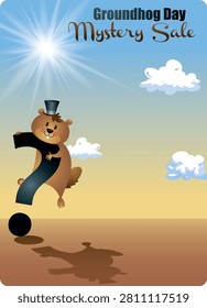 This vibrant vector illustration celebrates Groundhog Day with a playful promotional design featuring an adorable cartoon groundhog wearing a miniature top hat while holding a large question mark beneath a bright blue sky. The bold headline 