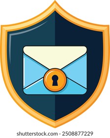 Esta vibrante Ilustración vectorial representa un escudo que protege un sobre con un candado, simbolizando una comunicación segura por correo electrónico.