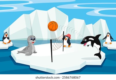 This vibrant vector illustration depicts playful sea animals—dolphins, penguins, and seals—enjoying a fun game of volleyball in a snowy mountain landscape. Set against a crisp blue sky and icy ocean