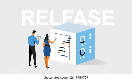 This vibrant vector illustration depicts a modern office setting where two professionals are engaged in collaborative work. A man uses a tablet, while a woman points at a project management board