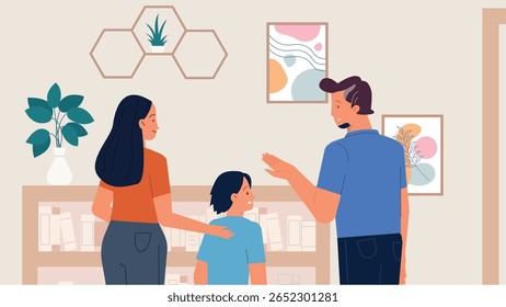This vibrant vector illustration depicts a heartwarming scene of a family interacting in a cozy living room. A parent gently guides a child while another adult observes