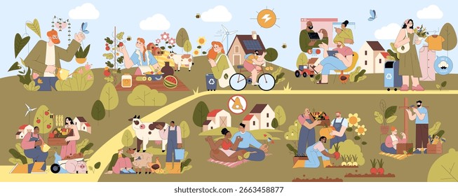 Esta vibrante Ilustración vectorial representa varias escenas de la vida comunitaria centrándose en la sostenibilidad. Las Personas se dedican a la jardinería, el ciclismo, el reciclaje y el disfrute de la naturaleza en las Configuraciones rurales.