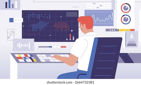 This vibrant vector illustration depicts a data analyst focused
 on analyzing various charts, graphs, and metrics displayed on multiple screens.
