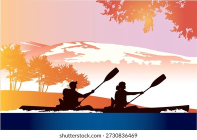 Esta vibrante Ilustración vectorial representa a dos personas en kayak en aguas tranquilas durante una impresionante puesta de sol o salida del sol. Las figuras de silueta se colocan contra un cielo cálido y colorido, capturando la serenidad y la aventura de los deportes acuáticos al aire libre. Perfecto para representar el kayak, el Ocio, el trabajo en equipo y las aventuras inspiradas en la naturaleza.