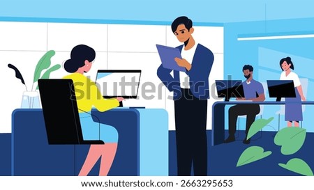 This vibrant vector illustration depicts a modern office setting where a diverse team collaborates effectively. The scene features individuals working on computers, engaging in discussions.