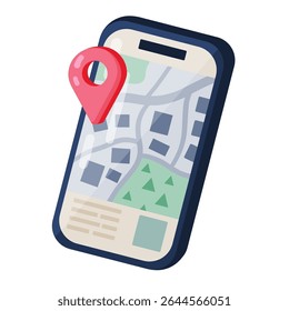 Esta ilustração vetorial vibrante exibe um smartphone moderno com um mapa detalhado em sua tela e um proeminente pin vermelho de localização. O mapa mostra as ruas da cidade e as áreas verdes indicando uma comp