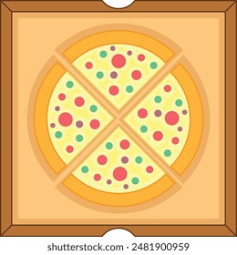 Esta vibrante Ilustración vectorial cuenta con una deliciosa pizza cuidadosamente cortada en cuatro piezas y presentada en una caja de pizza abierta.