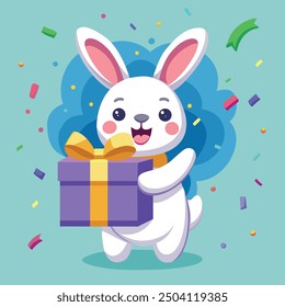 Esta vibrante Ilustración vectorial presenta un conejo blanco alegre con orejas Grandes, sosteniendo una caja de regalo púrpura adornada con una cinta naranja. El conejo está rodeado de confeti de colores, Vector.