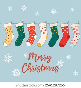 This vibrant vector illustration features an array of colorful Christmas socks on a solid background. Perfect for festive designs, holiday cards, and cheerful decorations.