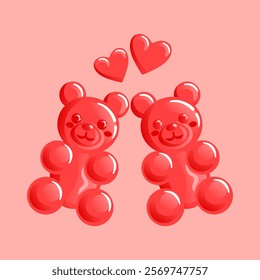 This vibrant vector illustration features a delightful arrangement of red gummy bears shaped like hearts, perfect for celebrating Valentines Day. playful and sweet representation of love and affection