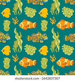 This vibrant vector illustration features a playful underwater pattern showcasing colorful fish and coral surrounded by lush green seaweed. The lively colors evoke a cheerful marine atmosphere