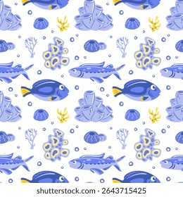 This vibrant vector illustration features a playful underwater scene, showcasing colorful fish, various corals, and marine life elements. The soothing blue tones create a cheerful and lively pattern.