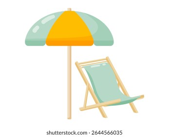 This vibrant vector illustration features a classic beach umbrella with a yellow and mint green canopy alongside a comfortable light blue wooden deck chair. The artwork is rendered in a clean flat des