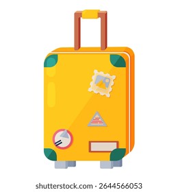 This vibrant vector illustration features a bright yellow travel suitcase with an extended handle and small travel stickers. The design is rendered in a clean flat style making it ideal for projects r