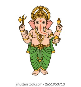 This vibrant vector illustration features Lord Ganesha, the revered Hindu deity of wisdom, prosperity, and remover of obstacles. Depicted in a traditional standing pose