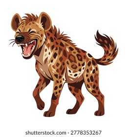 This vibrant vector illustration features a spotted hyena in a classic laughing or cackling pose, showcasing its expressive face and sharp teeth. The stylized cartoon design is perfect for mascots, children's educational materials, or humorous merchandise. Isolated on a clean white background, this high-quality graphic can be easily integrated into various digital and print projects.