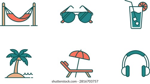 This vibrant vector illustration features six summer vacation icons, including a relaxing hammock, stylish sunglasses, a refreshing drink, a palm tree, and beach lounge chair.