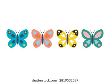 This vibrant vector illustration features a collection of colorful butterfly icons showcasing detailed patterns and decorative wing elements arranged in a row. The set includes four unique insect characters rendered in cheerful combinations of teal, peach, yellow, and green with clean outlines. Modern, playful, and versatile, these graphic elements are ideal for nature-themed projects, spring or summer designs, children's content, and digital UI elements.

#ButterflyIcons #VectorGraphics #InsectArt #DetailedButterflies #ModernDesign #CreativeIcons #NatureAndWildlife #AppDesign #ColorfulArt #VectorIllustration