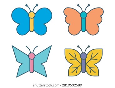 This vibrant vector illustration features a collection of colorful butterfly icons displaying various wing shapes and decorative styles. The set includes distinct insect characters rendered in shades of blue, orange, teal, and yellow with dark outlines and detailed antenna features. Cleanly designed with a modern and playful aesthetic, these graphics are ideal for nature projects, spring or summer designs, children's books, and digital UI elements.

#ButterflyIcons #VectorGraphics #InsectArt #CuteButterflies #ModernDesign #CreativeIcons #NatureAndWildlife #AppDesign #ColorfulArt #VectorIllustration