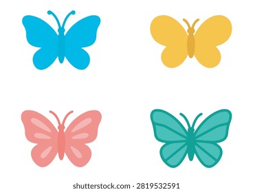 This vibrant vector illustration features a collection of colorful butterfly icons showcasing minimalist designs and soft pastel color tones. The set includes four unique insect characters rendered in solid and accented styles with cheerful shades of blue, yellow, pink, and teal. Clean, modern, and versatile, these graphic elements are ideal for nature-themed projects, spring or summer designs, children's content, and digital UI elements.

#ButterflyIcons #VectorGraphics #InsectArt #PastelButterflies #ModernDesign #CreativeIcons #NatureAndWildlife #AppDesign #ColorfulArt #VectorIllustration