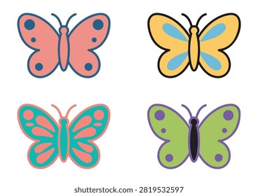 This vibrant vector illustration features a collection of colorful butterfly icons displaying distinct spotted and patterned wing designs. The set includes four unique insect characters rendered in cheerful color combinations of pink, yellow, teal, and green with clean outlines. Modern, playful, and versatile, these graphic elements are ideal for nature-themed projects, spring or summer designs, children's content, and digital UI elements.

#ButterflyIcons #VectorGraphics #InsectArt #CuteButterflies #ModernDesign #CreativeIcons #NatureAndWildlife #AppDesign #ColorfulArt #VectorIllustration