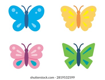 This vibrant vector illustration features a collection of colorful butterfly icons showcasing detailed patterns and decorative wing elements. The set includes four unique insect characters rendered in cheerful combinations of blue, yellow, pink, and green with clean outlines. Modern, playful, and versatile, these graphic elements are ideal for nature-themed projects, spring or summer designs, children's content, and digital UI elements.

#ButterflyIcons #VectorGraphics #InsectArt #DetailedButterflies #ModernDesign #CreativeIcons #NatureAndWildlife #AppDesign #ColorfulArt #VectorIllustration
