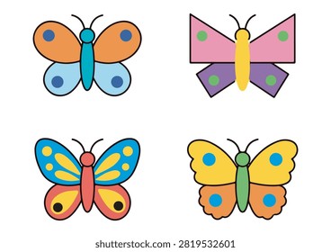 This vibrant vector illustration features a collection of colorful butterfly icons showcasing geometric and patterned wing designs. The set includes four unique insect characters rendered in bright and cheerful color combinations with clean outlines. Modern, playful, and versatile, these graphic elements are ideal for nature-themed projects, spring or summer designs, children's content, and digital UI elements.

#ButterflyIcons #VectorGraphics #InsectArt #GeometricButterflies #ModernDesign #CreativeIcons #NatureAndWildlife #AppDesign #ColorfulArt #VectorIllustration