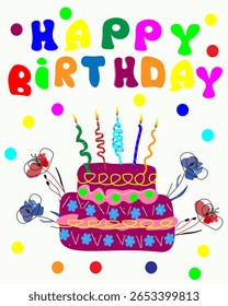 This vibrant vector illustration of a "Happy Birthday" cake with candles is perfect for festive greeting cards and design projects. Its cheerful style makes it ideal for printing on merchandise, decor