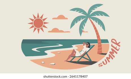 This vibrant vector illustration perfectly captures the essence of a tranquil summer day, featuring a woman comfortably relaxing on a beach chair under a swaying palm tree.