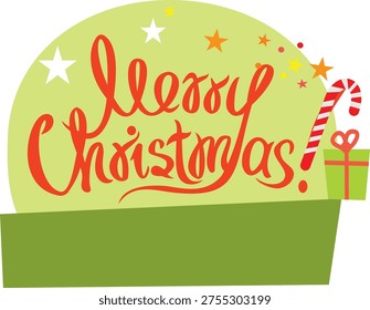 This vibrant vector illustration presents a festive holiday greeting featuring stylized red lettering that spells “Merry Christmas” on a bright lime green background. The cheerful composition combines playful typography with classic seasonal decorations, creating a joyful visual that captures the spirit of winter celebrations. Decorative elements such as a curved candy cane, sparkling stars, and a small green gift box enhance the overall theme, giving the artwork a balanced and festive appearance suitable for many seasonal design purposes.

The artistic lettering is designed in a modern, hand-drawn style that adds personality and warmth to the composition. Each letter flows smoothly with decorative curves, making the phrase stand out as the central focus of the artwork. The bright red color contrasts beautifully with the vivid green background, reflecting traditional seasonal color palettes commonly associated with winter celebrations and holiday décor.

Surrounding accents including stars and the iconic candy cane create a playful atmosphere while reinforcing the seasonal theme. The small wrapped present adds a sense of excitement and anticipation, symbolizing gift-giving traditions and joyful gatherings. Together these elements form a harmonious design that feels both festive and contemporary.

This decorative vector graphic is ideal for greeting cards, digital invitations, occasional banners, website headers, social media posts, promotional materials, or festival advertising campaigns. Designers, marketers, and content creators can easily integrate the artwork into both digital and print projects thanks to its clean vector style and scalable quality.

The illustration works well for holiday branding, online shop promotions, festival newsletters, event announcements, and occasional marketing content. Its bright palette and friendly typography help capture attention while conveying warmth, celebration, and cheerful winter vibes.
