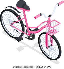 Diese lebendige Vektorgrafik zeigt ein stylisches rosa Fahrrad mit einem charmanten weißen Korb, der in einem dynamischen Winkel aufgestellt ist, der den Eindruck von Bewegung und urbanem Chic vermittelt.