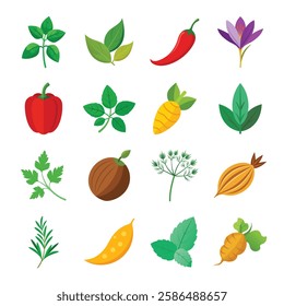 This vibrant vector illustration showcases a variety of fresh herbs and aromatic spices, perfect for culinary, cooking, and food-related designs.