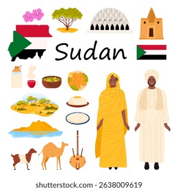 This vibrant vector illustration showcases Sudanese culture, highlighting traditional clothing, delicious food, and iconic landmarks, drawing the eye and telling a captivating story