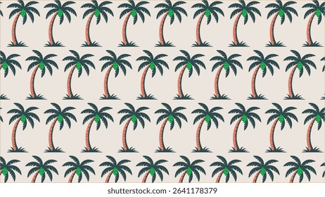 This vibrant vector illustration showcases a clean and seamless repeating pattern of tropical palm trees, adorned with green coconuts. Rendered in a modern flat design style.