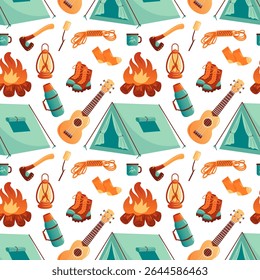 This vibrant vector illustration showcases a playful camping pattern featuring tents, campfires, hiking boots, lanterns, and outdoor gear. Perfect for adventurous designs and nature-themed projects.