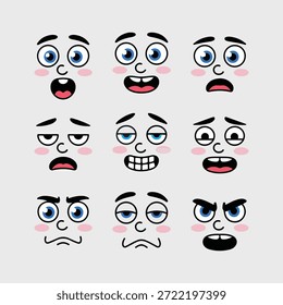 Esta vibrante Ilustración vectorial muestra una colección de nueve expresiones faciales de dibujos animados distintos sobre un fondo gris claro. Cada cara presenta Grandes ojos azules, contornos negros prominentes y un sutil rubor rosa en las mejillas, que transmite un amplio espectro de emociones humanas. Las expresiones incluyen felicidad, emoción, sorpresa, tristeza, decepción, cansancio, confusión, molestia y rabia, proporcionando un conjunto versátil para varios proyectos de diseño que requieren personajes expresivos o indicadores emocionales.