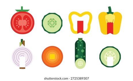 This vibrant vector illustration showcases several sliced fresh vegetables, featuring a tomato, cucumber, bell peppers, onion, and carrot. The design presents a flat style with bright colors and a clean composition, suggesting a healthy eating theme. Suitable for culinary, educational, and design applications in various media.