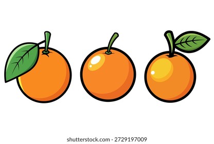 Esta vibrante Ilustración vectorial muestra una colección de tres naranjas de dibujos animados frescas y estilizadas, con contornos audaces y colores cítricos brillantes, aisladas sobre un fondo blanco limpio para fines de Diseño gráfico.