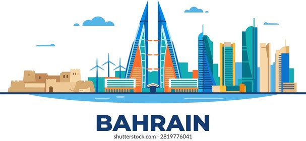 This vibrant vector illustration showcases the iconic Bahrain World Trade Center and surrounding modern skyscrapers against a clean white background, capturing the essence of the capital city skyline.