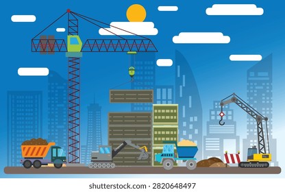 This vibrant vector illustration showcases a bustling city construction site, rendered in an eye-catching flat design style. The detailed scene features heavy machinery including a tall tower crane lifting building materials, a crawler crane, an excavator, and multiple dump trucks hauling dirt and sand against a backdrop of modern skyscrapers. Set under a bright blue sky with a shining sun and stylized clouds, this versatile graphic is ideal for industrial, architectural, urban planning, and development-themed projects, websites, or educational materials.#CityConstruction #VectorIllustration #HeavyMachinery #UrbanDevelopment #BuildingSite #FlatDesign #IndustrialGraphic #ArchitectureArt