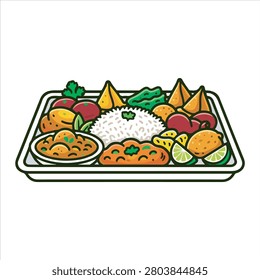 This vibrant vector illustration, shown in image_7e1e4a.png, features a traditional Indian food thali platter complete with rice, samosas, and curry dishes. It is a perfect graphic element for restaurant menus, food delivery services, travel blogs, and culinary content focusing on authentic Asian cuisine.

#IndianFood #Thali #Platter #Samosa #Curry #AsianCuisine #FoodVector #CulinaryDesign #RestaurantMenu #HealthyEating