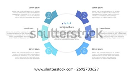 This vibrant vector infographic showcases a 6-step rounded timeline, interconnected by circular elements and enhanced with customizable layouts and marketing icons.