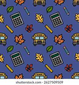This vibrant vector seamless pattern features a playful mix of school supplies, including calculators, pencils, rulers, and autumn leaves, all set against a rich indigo backdrop, creating a cheerfull