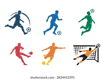 This vibrant vector set features colorful soccer player silhouettes in various action poses, including running with the ball, powerful kicking, heading, and a goalkeeper making a save in front of the net. Isolated on a white background, these dynamic designs are perfect for sports graphics, team branding, and athletic promotional projects.

#SoccerSilhouettes #FootballPlayer #SportsGraphics #SoccerDesign #TeamSports #Goalkeeper #SoccerVector #AthleticIcons #GameDay #FootballArt