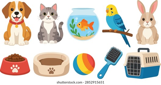 This vibrant vector set features a diverse collection of friendly domestic pets including a playful dog, sitting cat, floppy eared rabbit, colorful songbird, and goldfish inside a bowl. Accompanying these charming animals are various essential pet care accessories. Items such as a feeding bowl, soft sleeping bed, colorful toy ball, grooming brush, and travel carrier are included.