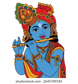 This vibrant vector-style illustration showcases Lord Krishna in a traditional Indian art form, playing his flute with a serene smile. Adorned with detailed jewelry, a peacock feather crown