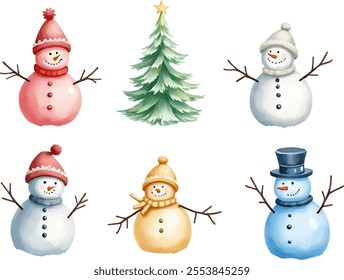 This vibrant watercolor style artwork features six holiday-themed items arranged in two rows. It includes colorful snowmen in hats and a charming Christmas tree, radiating festive cheer.