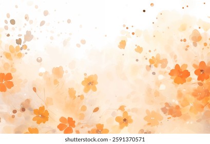 This vibrant watercolor vector background showcases an array of orange flowers amidst soft, warm splashes of color. Perfect for adding a touch of elegance and tranquility to any design