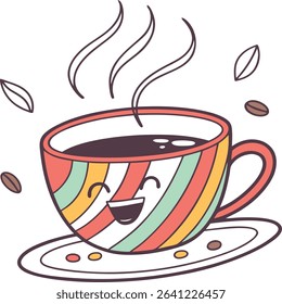 This vibrant and whimsical coffee cup illustration features a smiling mug with a colorful striped pattern and rising steam. Surrounded by coffee beans and decorative leaves, this cheerful design is pe