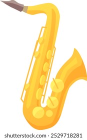 Este vibrante saxofone amarelo apresenta curvas suaves e teclas brilhantes mostrando seu design elegante. O instrumento é retratado com grande detalhe, enfatizando seu charme musical.